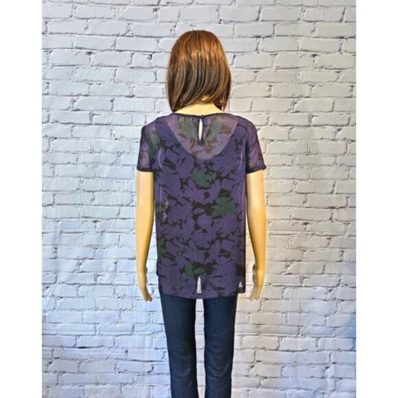 ANN TAYLOR, The Loft - Beautiful sheer navy/purple short sleeve floral blouse - Picture 9 of 13